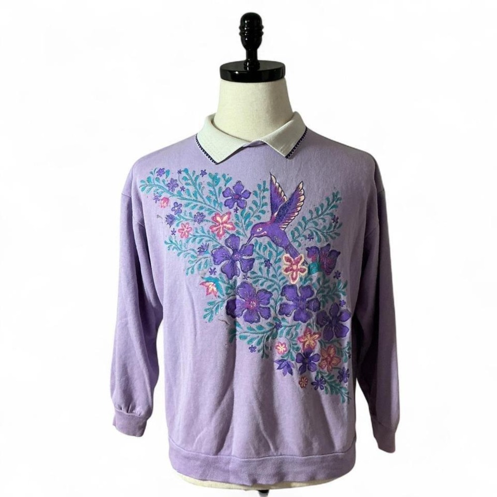 Vintage Lavender Hummingbird Floral Collared Sweatshirt‎ Women's